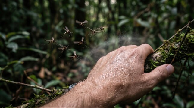 Man applying insect repellent spray on hand in forest. Swarm of mosquito flying around skin. Protection against bug bite and disease. Outdoor travel safety and health care concept.