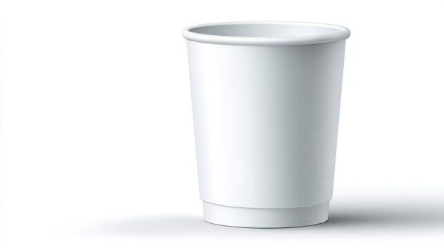 Plain white insulated beverage container stands isolated against a bright background
