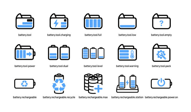 Battery and rechargeable icons arranged in grid on white background