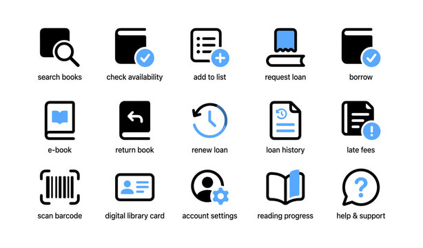 Library service icons showing borrowing and account actions