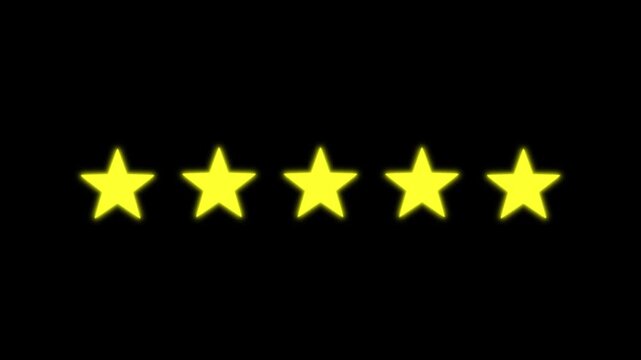 Golden glitter with rating icon animation, customer feedback, stars shine effect, blinking light effect on transparent black background, 5 star rating 4k animation