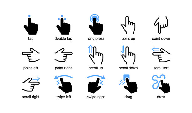 Touch and gesture icons arranged in labeled grid on white background