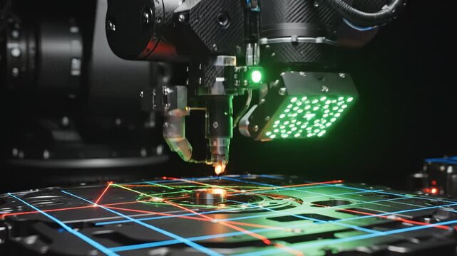 Industrial robotic arm with laser technology emphasizing manufacturing strength and precision engineering