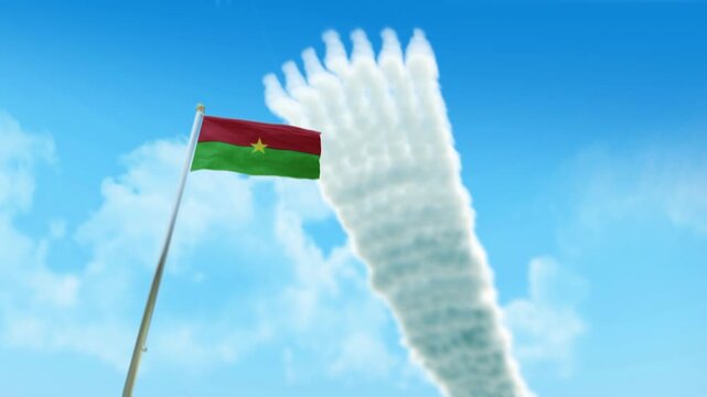 Burkina Faso Flag 3D Render Animation on Pole with Fighter Jets Smoke Trails in Blue Sky - Low Angle View