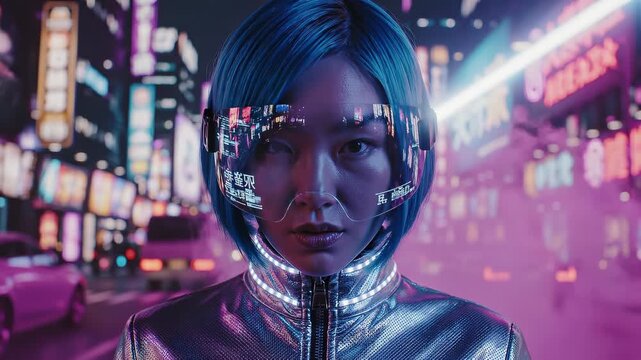 Futuristic woman with blue bob haircut wearing reflective visor and metallic jacket stands in a neon-lit cyberpunk city street at night, fog drifting among glowing signs