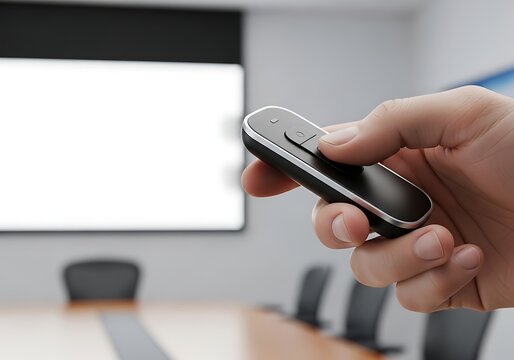 Hand Holding Presentation Remote Control in Conference Room