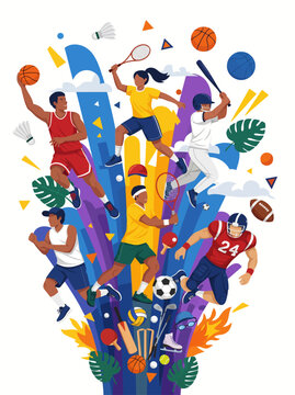 Multisport Athletes Action Illustration &ndash; Dynamic Sports Festival Concept with Basketball, Soccer, Tennis, Baseball and American Football Players