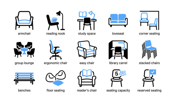 Seating and lounge icons of chairs and study areas on white background