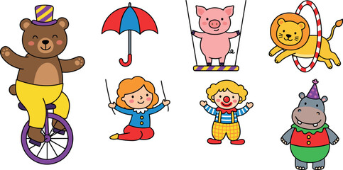 Cute cartoon circus element set featuring a bear riding a unicycle clown lion jumping through hoop acrobat girl pig and hippo. © Sumaiya Akter Sweety