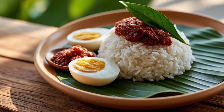 This image showcases a traditional Malaysian dish, Nasi Lemak, served with rice, sambal chili paste, boiled eggs, and garnished with fresh leaves, showcasing its vibrant colors.