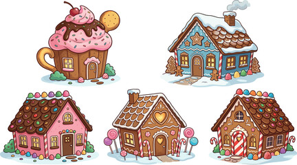 Naklejka premium Cute Gingerbread House Collection with Candy, Cookie, Cupcake and Sweet Winter Homes for Christmas, Holiday, Fairy Tale, Dessert and Festive Xmas Decoration Illustration Designs