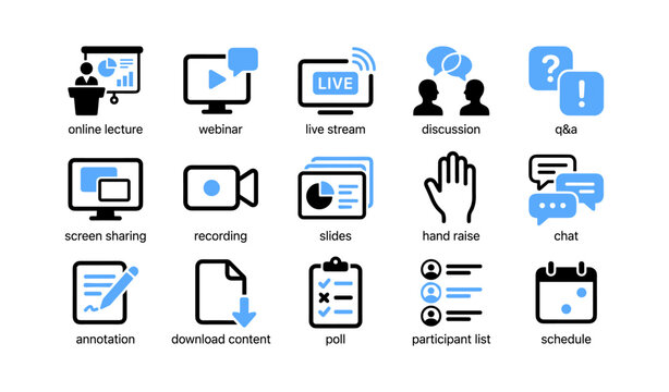 Online lecture and webinar icons for virtual meeting and learning