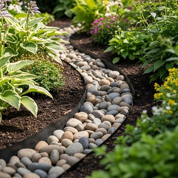Winding Stone Pathway Through Lush Garden with Mulch and Plants