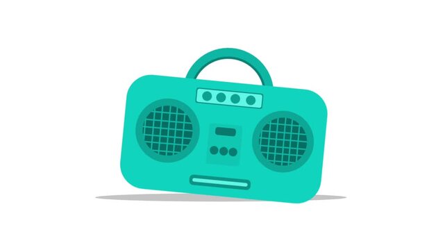 A flat style cartoon boombox speaker dancing and grooving to music on a white background.