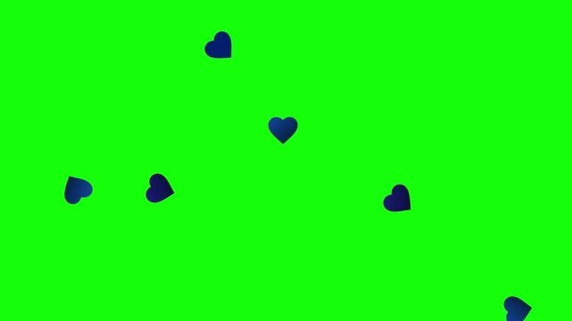 sleek blue hearts tumbling down green screen canvas