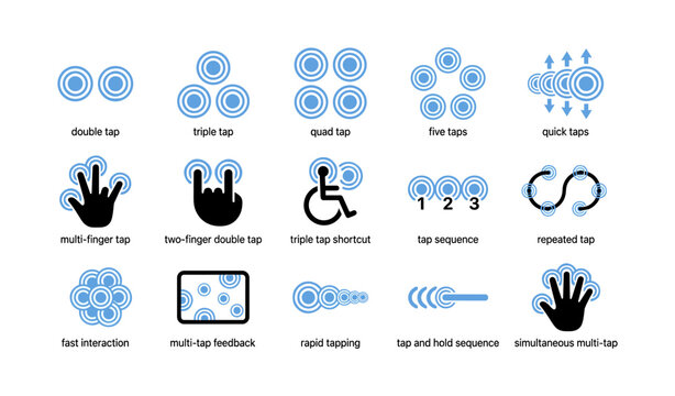 Multi tap and gesture icons arranged in grid on white