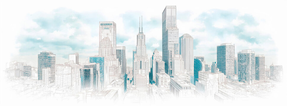 An urban landscape with skyscrapers of varying architecture and heights. The graceful lines and soft blue tones of watercolor and ink create a sense of lightness and airiness in the cityscape.