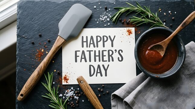 Father's day culinary celebration spices utensils and a festive greeting