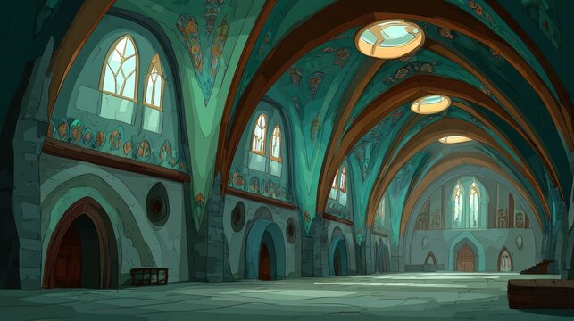 Grand hall interior features high vaulted ceilings with ornate ribbing and tall arched windows