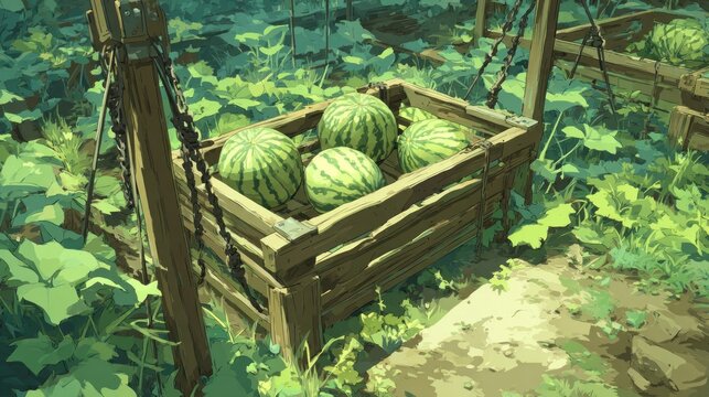 Ripe watermelons rest within a wooden crate surrounded by lush green garden foliage