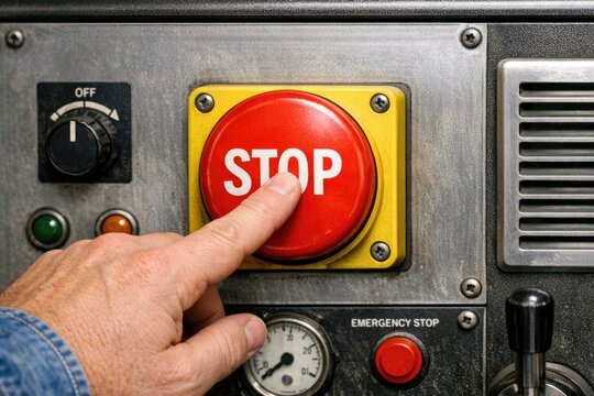 A person pressing the stop button on a machine