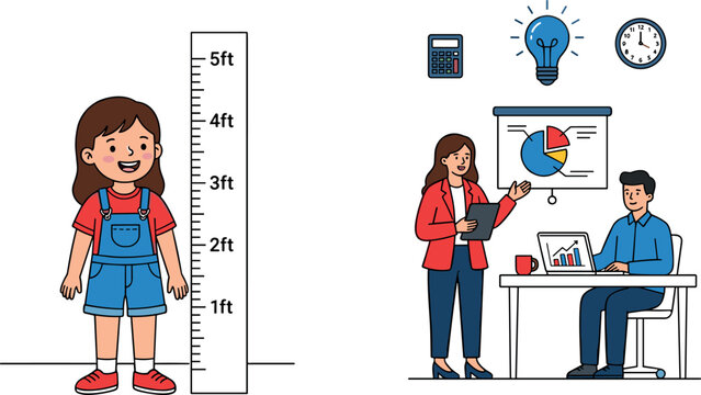 Cute little girl measuring height next to business professionals analyzing data charts on a laptop in modern office