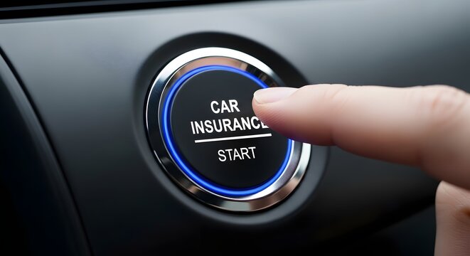 Car insurance concept finger pressing engine start button with insurance text