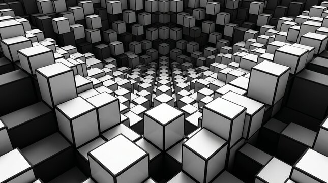 Striking monochrome architecture of abstract cubes, forming a mesmerizing, undulating digital wave pattern that creates a captivating optical illusion of infinite depth