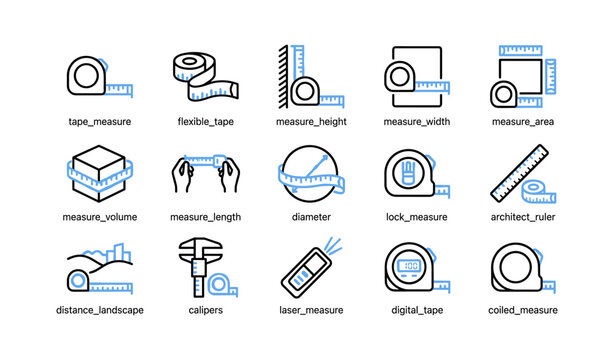 Measuring tools icons arranged showing tapes and rulers on white