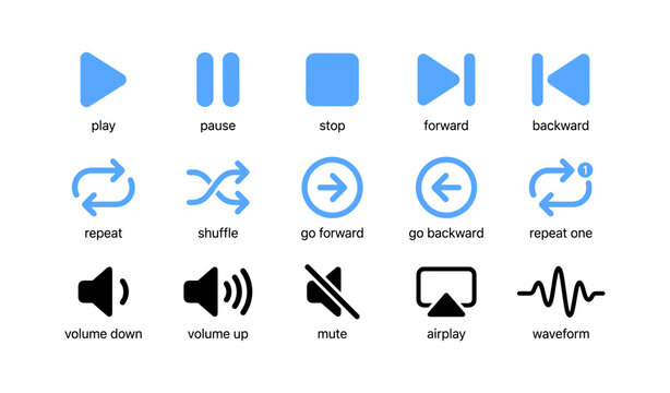 Media control and audio icons arranged on white background