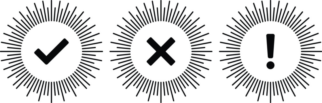 Vintage Sunburst Check Mark Cross and Exclamation Point Icon Set for Status Verification, Error Alerts, and Retro Quality Stamp Designs