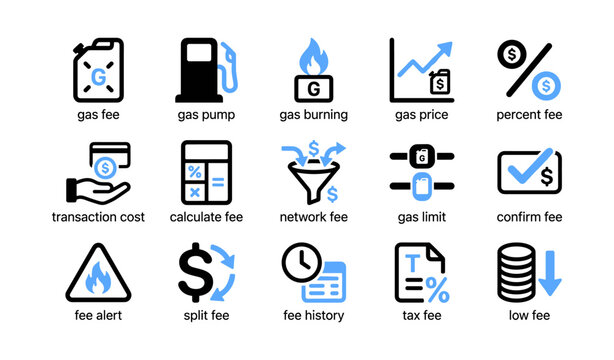 Transaction and gas fee icons arranged on white background