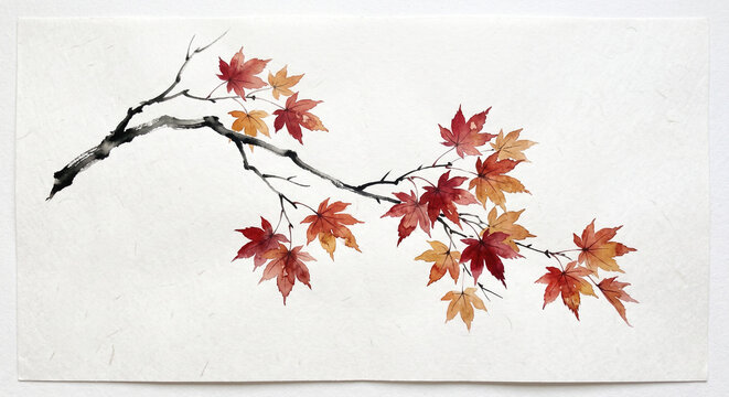 Japanese Maple Momiji Branch on Washi Paper Watercolor Sumi-e Painting Autumn Horizontal Composition