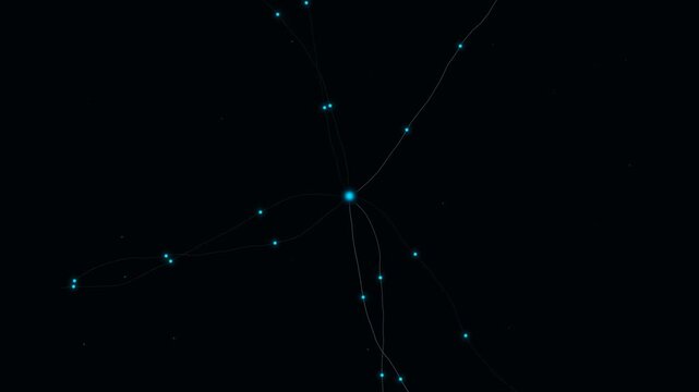 Glowing blue neural network animation representing data transfer and digital connectivity on black background
