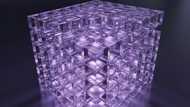 Translucent purple glass lattice cube made of repeating smaller crystal cubes in a modular grid, glowing and reflecting light with soft violet rays over a dark reflective plane