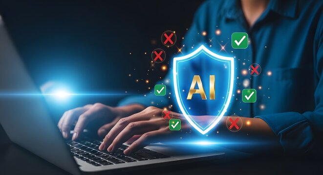 Ai shield protection concept with person using laptop