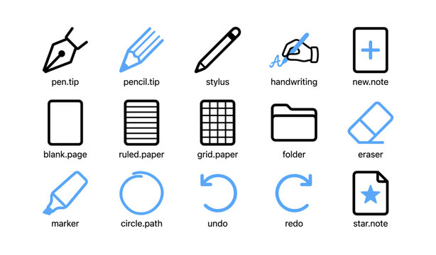 Writing and note taking icons arranged in grid on white background