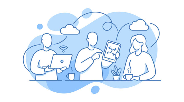 Modern cloud computing and collaboration among people using digital devices for business and lifestyle