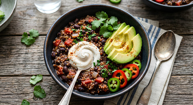 Healthy black bean and quinoa bowl with avocado, yogurt, and fresh vegetables. Protein-rich meal ideal for athletes, fitness enthusiasts, recovery nutrition, and active lifestyles.