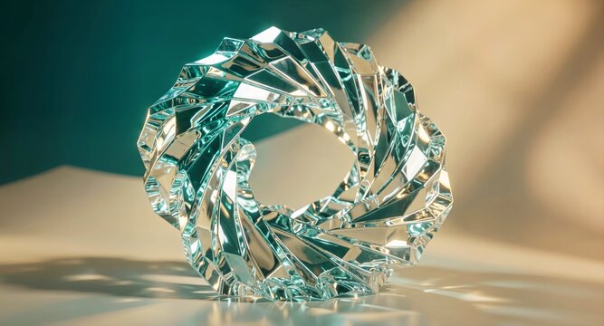 Intricate crystal torus sculpture casting geometric shadows on a warm neutral background.

