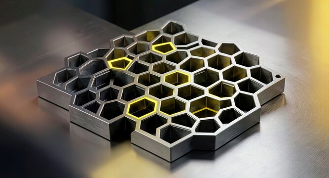 Industrial metal honeycomb grid with glowing yellow cell details on a steel surface.

