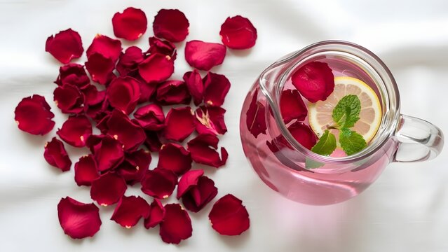 Rose petals lie scattered next to a glass pitcher filled with infused floral water and citrus.