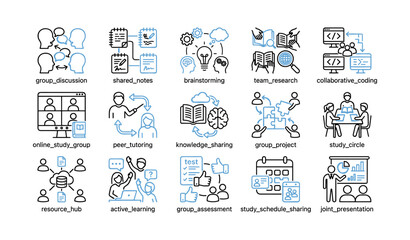 Fototapeta premium Group study collaboration icons arranged in grid on white