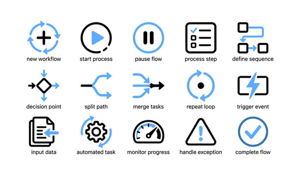 Workflow and process icons arranged on white background
