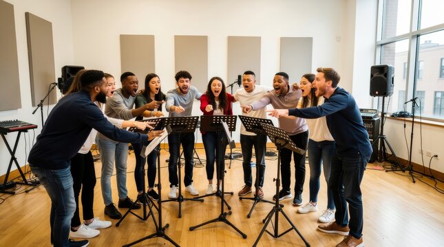 Diverse Group of Singers Performing Together in a Music Studio