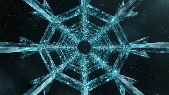 A floating crystalline polyhedron and hexagonal tunnel of turquoise ice glass suspended in deep starfield space, a holographic futuristic geometric structure with luminous facets