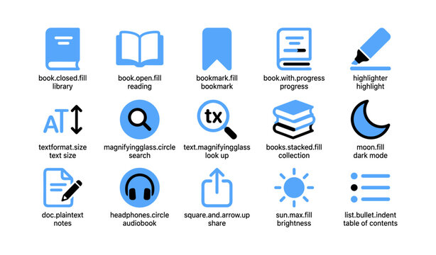 Book and reading interface icons arranged on white background