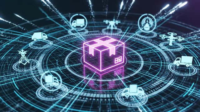 Futuristic holographic logistics interface featuring a glowing neon package at center surrounded by circular digital grid and transport icons representing supply chain network