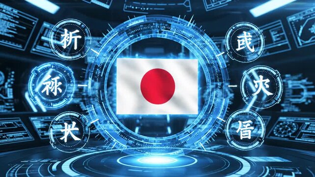 Futuristic holographic Japanese flag displayed inside a glowing blue circular HUD with floating kanji symbols and surrounding data screens in a high-tech digital command center