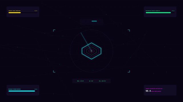 Futuristic motion featuring dynamic geometric shapes and vibrant neon lines in a dark space environment for modern digital design.